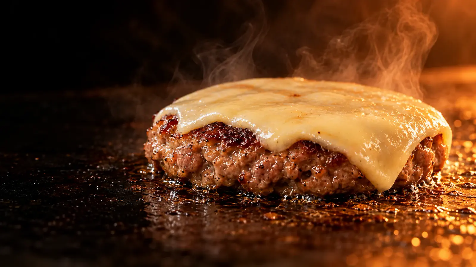 Cena ilustrativa de carne na chapa com queijo derretido e vapor